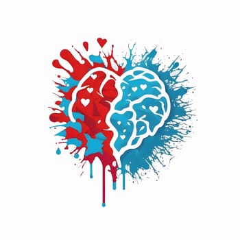 Blue red and white heart shaped brain White isolated background. Heart as a symbol of affection and love. The time of falling in love and love.