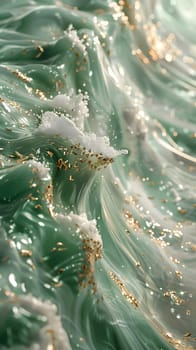 A macro photograph showcasing the intricate pattern of a green and gold marble texture, resembling a combination of water, terrestrial plant, grass, and fur