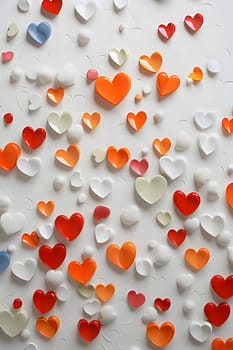 Colorful, white, orange, blue, red hearts, tiny, top view white background. Heart as a symbol of affection and love. The time of falling in love and love.