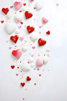 Colorful red, pink white hearts on a white background scattered. Heart as a symbol of affection and love. The time of falling in love and love.