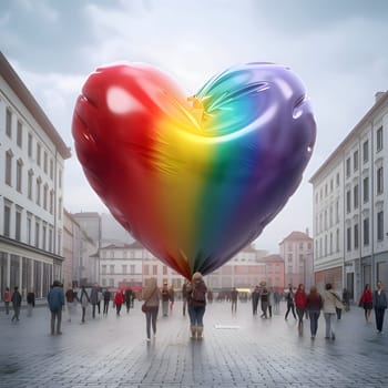 Giant rainbow heart balloon in the middle of a city street, people around the buildings. Heart as a symbol of affection and love. The time of falling in love and love.