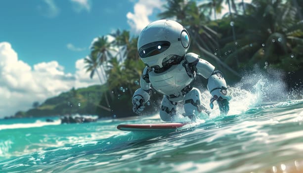 A robot is surfing on a surfboard in the ocean by AI generated image.