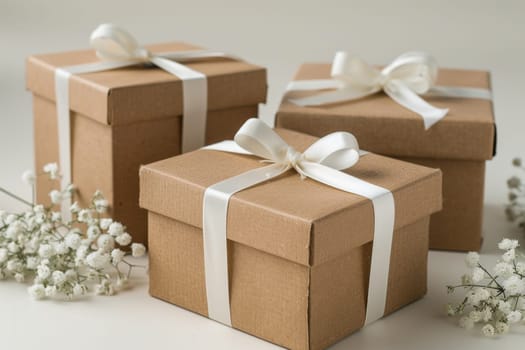 Three brown boxes with white bows on them. The boxes are decorated with white ribbons and bows, giving them a festive and celebratory appearance