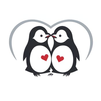 Logo concept two kissing penguins with hearts, white background. Heart as a symbol of affection and love. The time of falling in love and love.