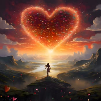 Illustration of a silhouette of a woman at the top of a mountain observing a large heart of light in the sky from small colored hearts. Heart as a symbol of affection and love. The time of falling in love and love.