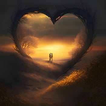 Silhouette of a couple in love in a large heart at sunset. Heart as a symbol of affection and love. The time of falling in love and love.