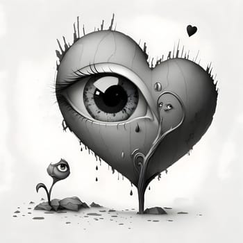 Heart as a large eye and a small flower, small eye, white background. Heart as a symbol of affection and love. The time of falling in love and love.