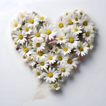 Heart arranged with white daisy flowers. Heart as a symbol of affection and love. The time of falling in love and love.