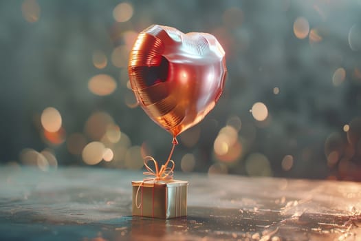 A heart-shaped balloon is floating above a box. The scene is set in a dimly lit room with a blurry background. Scene is romantic and whimsical