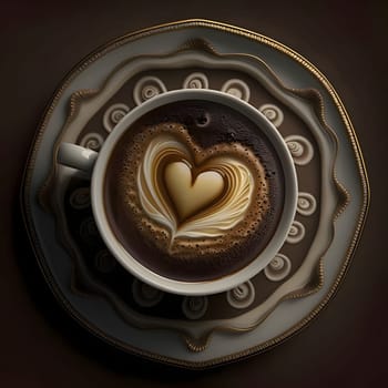 Top view of a cup of coffee with a painted heart. Heart as a symbol of affection and love. The time of falling in love and love.