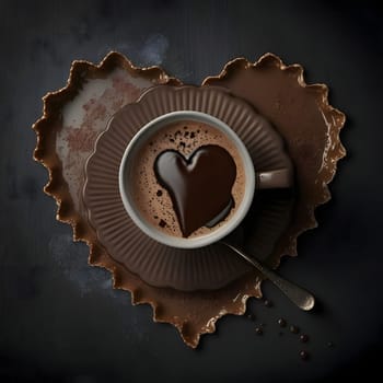 Top view of a cup of coffee with a painted heart. Tray as a heart. Heart as a symbol of affection and love. The time of falling in love and love.