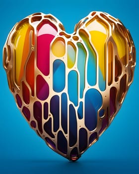 Colorful, rainbow, heart with waves, abstract composition, golden stripes. Heart as a symbol of affection and love. The time of falling in love and love.
