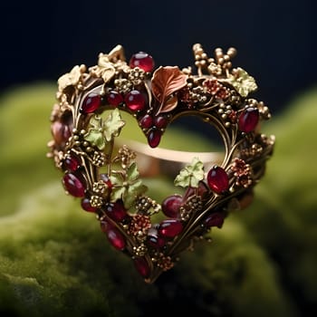 Tiny heart with gold ornaments, leaves and tiny red rubies green background. Heart as a symbol of affection and love. The time of falling in love and love.