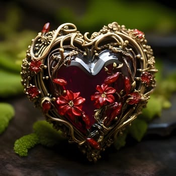 Tiny heart with gold ornaments, leaves and tiny red rubies green background. Heart as a symbol of affection and love. The time of falling in love and love.