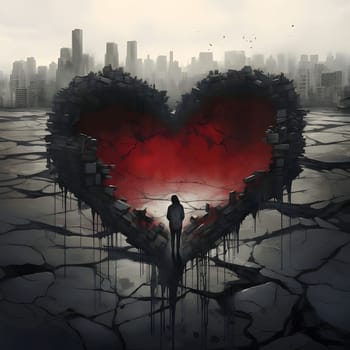 Silhouette of a Woman around cracked ground in the background destroyed urban skyscrapers in the middle a big red heart. Heart as a symbol of affection and love. The time of falling in love and love.