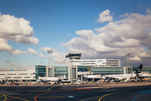 FRANKFURT,GERMANY-FEB 13: LUFHANSA AIRLINES logos at the terminal on Frankfurt airport on February 13,2018 in Frankfurt,Germany.