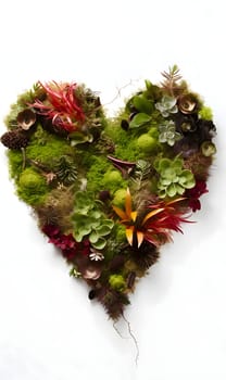 Heart with green plants on a white isolated background. Heart as a symbol of affection and love. The time of falling in love and love.