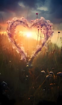 Heart made of field white flowers in a field at sunset. Heart as a symbol of affection and love. The time of falling in love and love.