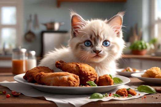 cute Ragdoll kitten looking at fried chicken in a plate .