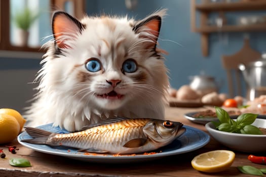 cute Ragdoll kitten looking at fried fish in a plate, isolated on a white background .