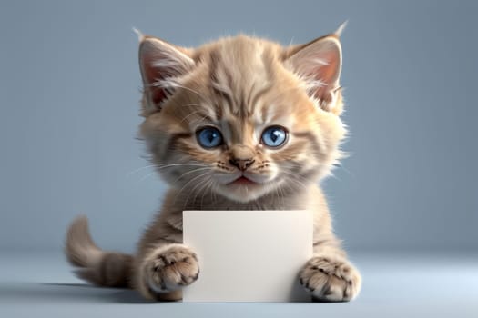 cute kitten with a pure form for text, isolated on a light blue background .