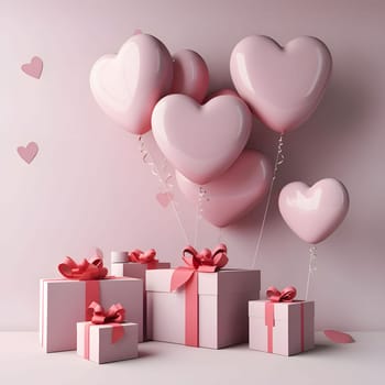 Gifts with red bows around pink hearts and heart-shaped balloons. Heart as a symbol of affection and love. The time of falling in love and love.