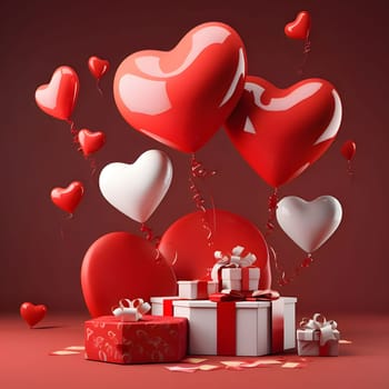 Gifts with red bows around red hearts and white and pink heart-shaped balloons. Heart as a symbol of affection and love. The time of falling in love and love.