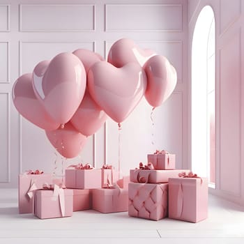 Gifts with pink bows around pink and white hearts and heart-shaped balloons. Heart as a symbol of affection and love. The time of falling in love and love.