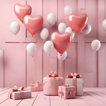 Gifts with pink bows around pink and white hearts and heart-shaped balloons. Heart as a symbol of affection and love. The time of falling in love and love.