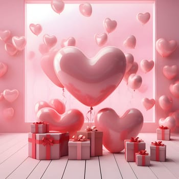 Gifts with pink bows around pink and white hearts and heart-shaped balloons. Heart as a symbol of affection and love. The time of falling in love and love.