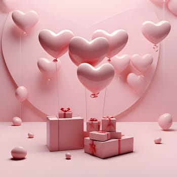 Gifts with pink bows around pink and white hearts and heart-shaped balloons. Heart as a symbol of affection and love. The time of falling in love and love.