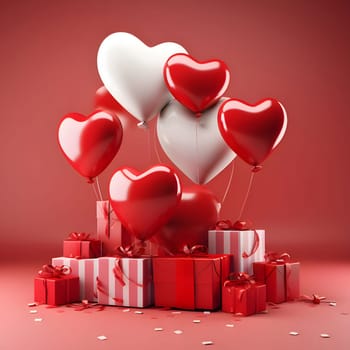 Gifts with red bows around red hearts and white and pink heart-shaped balloons. Heart as a symbol of affection and love. The time of falling in love and love.