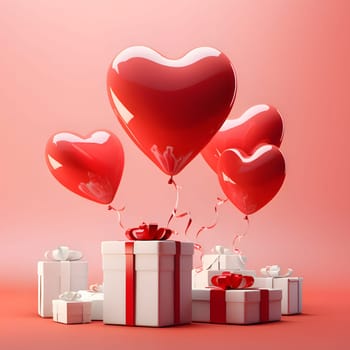 Gifts with red bows around red hearts and white and pink heart-shaped balloons. Heart as a symbol of affection and love. The time of falling in love and love.