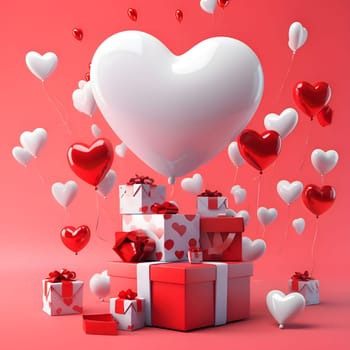 Gifts with red bows around red hearts and white and pink heart-shaped balloons. Heart as a symbol of affection and love. The time of falling in love and love.