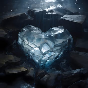 Blue heart of cracked thick stones in the middle of dark boulders. Heart as a symbol of affection and love. The time of falling in love and love.