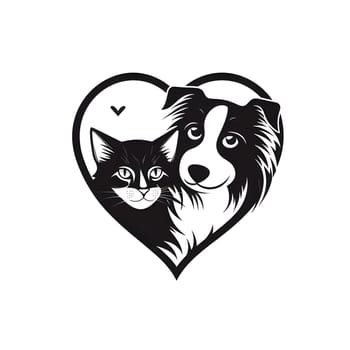 Logo concept black, heart and image of dog and cat white isolated background. Heart as a symbol of affection and love. The time of falling in love and love.