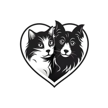 Logo concept black, heart and image of dog and cat white isolated background. Heart as a symbol of affection and love. The time of falling in love and love.