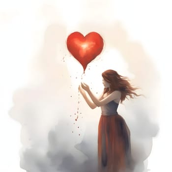 Young girl with a heart-shaped balloon, watercolor Paint. Heart as a symbol of affection and love. The time of falling in love and love.
