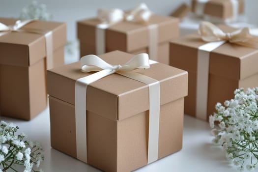 A row of brown boxes with white bows on them.