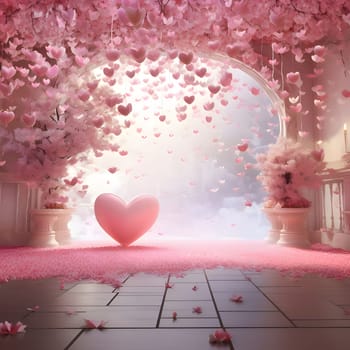 Pink hearts, cherry blossoms inside the room. Heart as a symbol of affection and love. The time of falling in love and love.