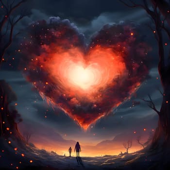 Two silhouettes of people at sunset in the middle of the sky, a large fiery red heart made of clouds. Heart as a symbol of affection and love. The time of falling in love and love.