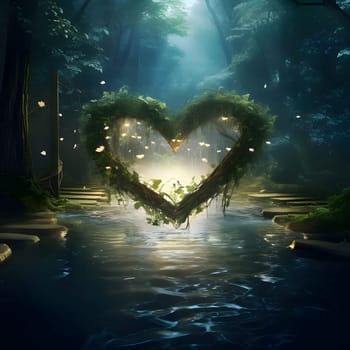 Green heart in the middle of the forest flowing river. Heart as a symbol of affection and love. The time of falling in love and love.