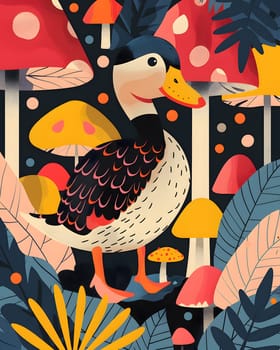 A Duck with its distinctive beak is the focal point of a picturesque scene in a forest, surrounded by mushrooms and leaves. This image could inspire a beautiful painting in the creative arts