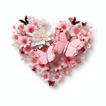 White and pink flowers, cherry blossoms and butterflies forming a heart on a white isolated background. Heart as a symbol of affection and love. The time of falling in love and love.