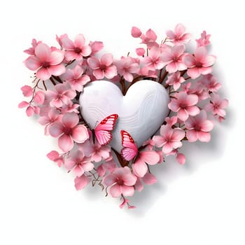 White and pink flowers, cherry blossoms and butterflies forming a heart on a white isolated background. Heart as a symbol of affection and love. The time of falling in love and love.