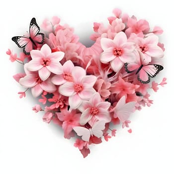 White and pink flowers, cherry blossoms and butterflies forming a heart on a white isolated background. Heart as a symbol of affection and love. The time of falling in love and love.