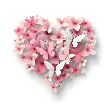 White and pink flowers, cherry blossoms and butterflies forming a heart on a white isolated background. Heart as a symbol of affection and love. The time of falling in love and love.