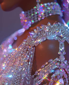 A liquid purple organism surrounded by water, adorned with a violet Christmas decoration made of magenta art glitter, resembling a woman wearing a rhinestone necklace ornament