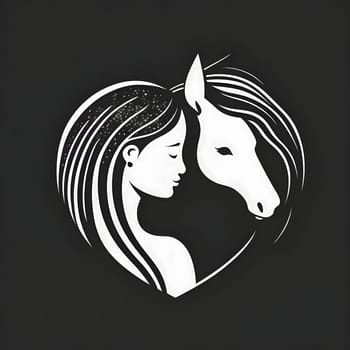 The concept of the logos heart, and in it the silhouette of a Woman and the head of a horse. Dark background. Heart as a symbol of affection and love. The time of falling in love and love.