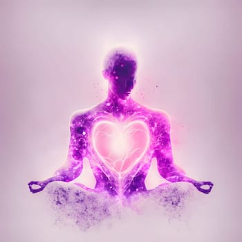 Pink silhouette of a man during meditation with a big heart on his chest. Light background. Heart as a symbol of affection and love. The time of falling in love and love.